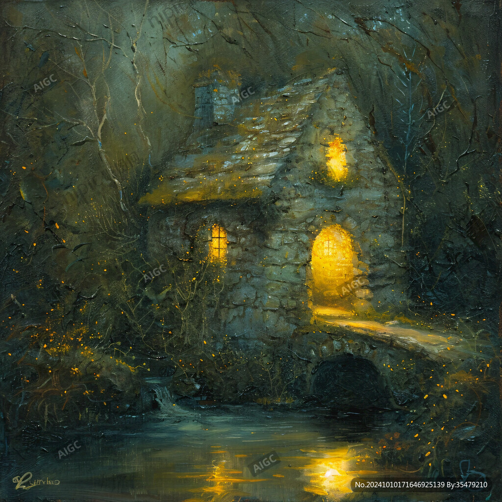 林中小屋油畫