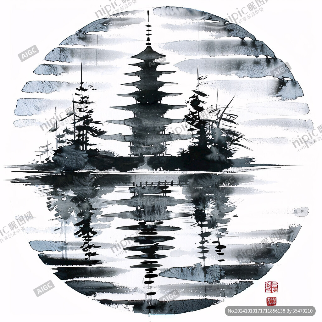 水墨水彩禪意城市