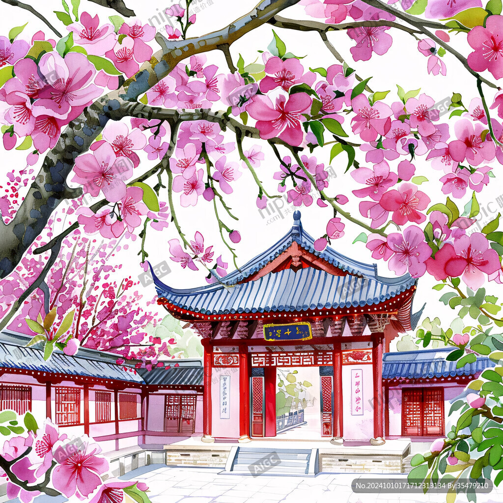 手繪閣樓皇宮梅花插畫