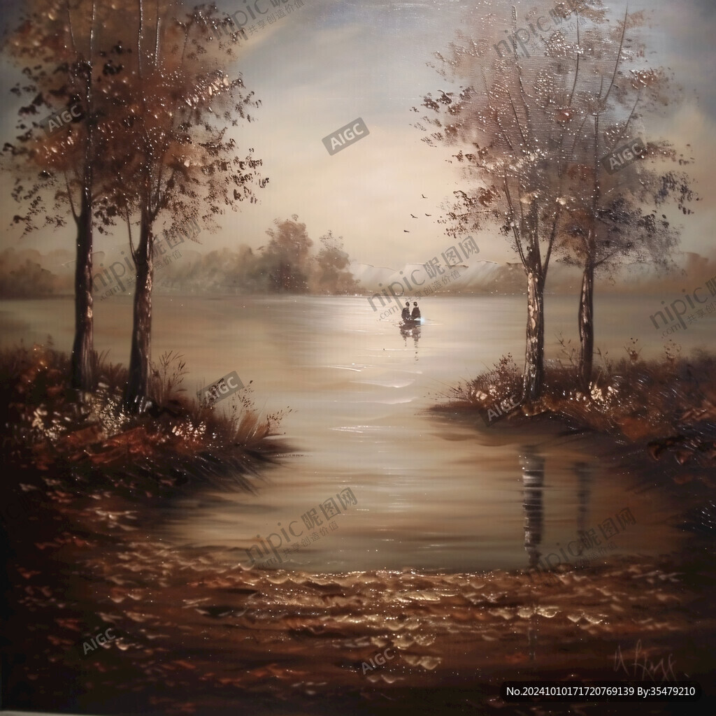 黃昏湖邊油畫