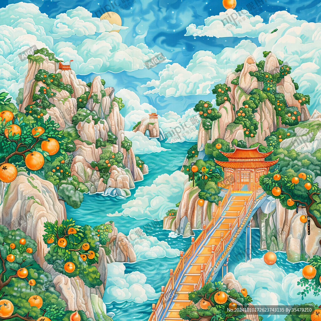 國潮山水水果包裝插畫
