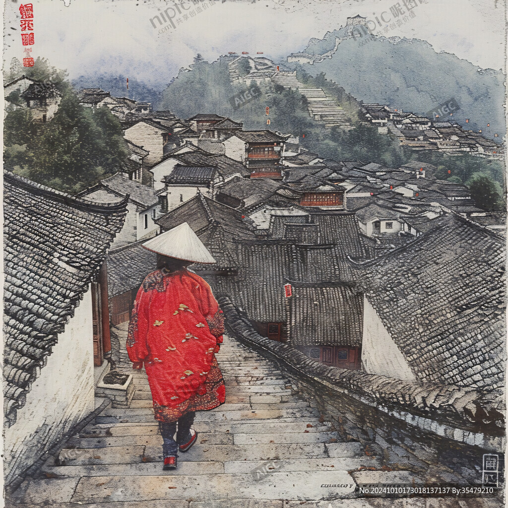紅色宏村插畫宏村水彩