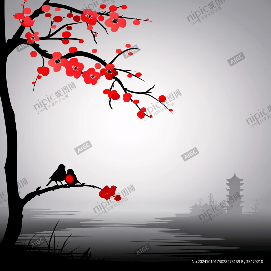 紅梅花鳥山水