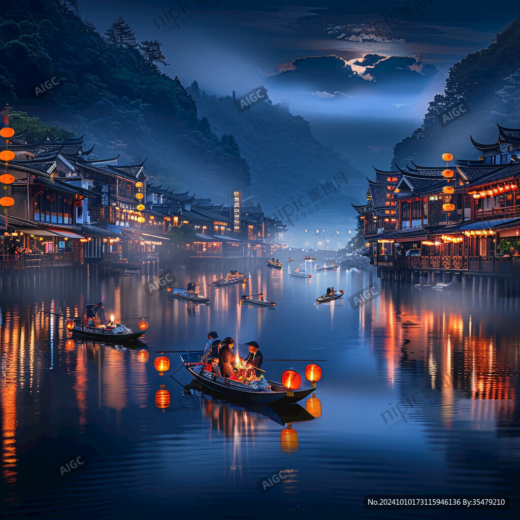 山水樓閣波光小船