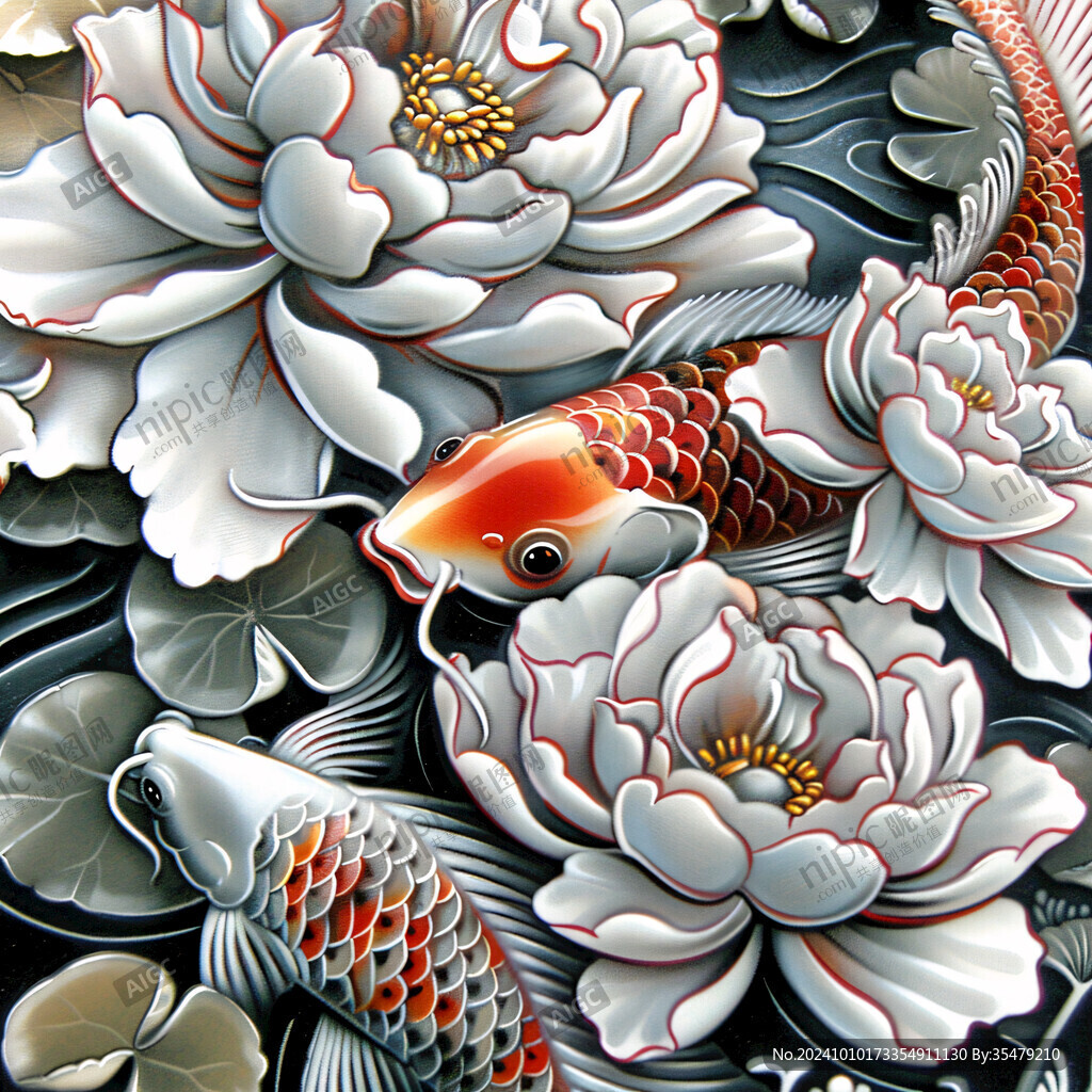 彩雕荷花鯉魚