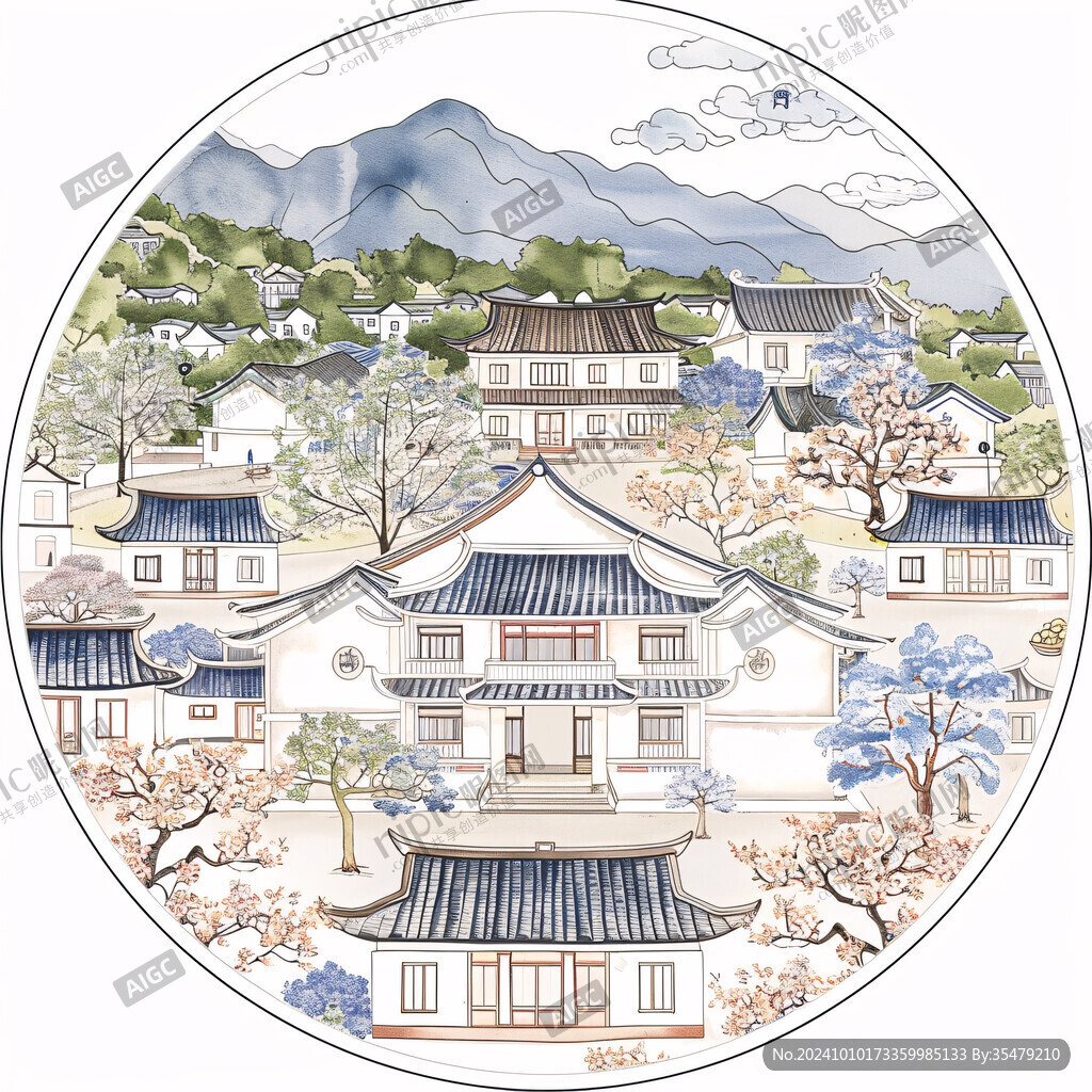 工筆樓閣亭臺圓形框畫