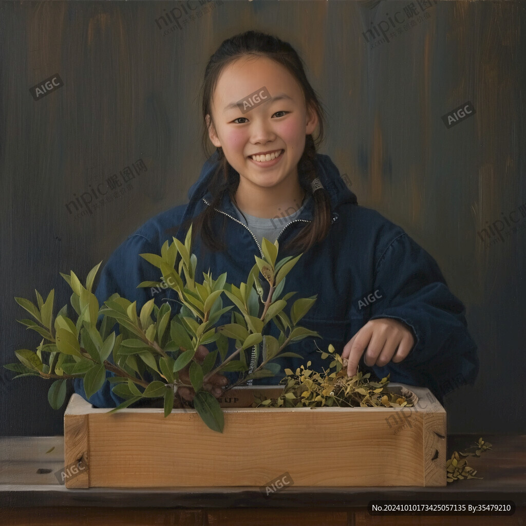 手捧綠植的女孩
