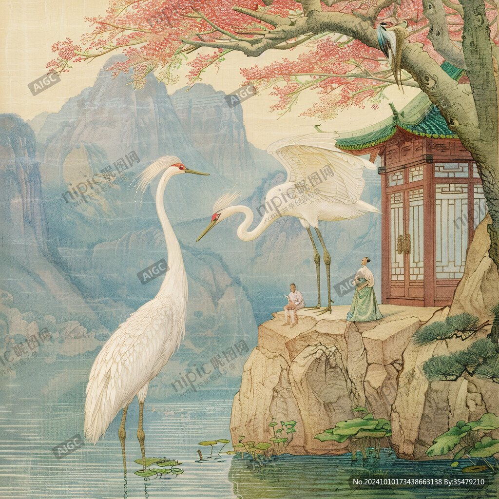 工筆仙境仙鶴圖