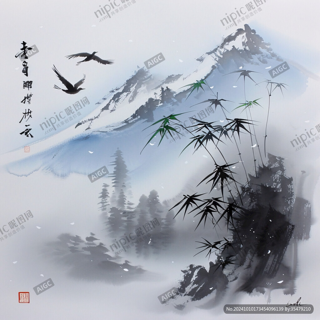竹子飛鳥山水畫