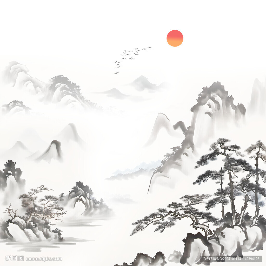 新中式臥室床頭山水畫背景墻