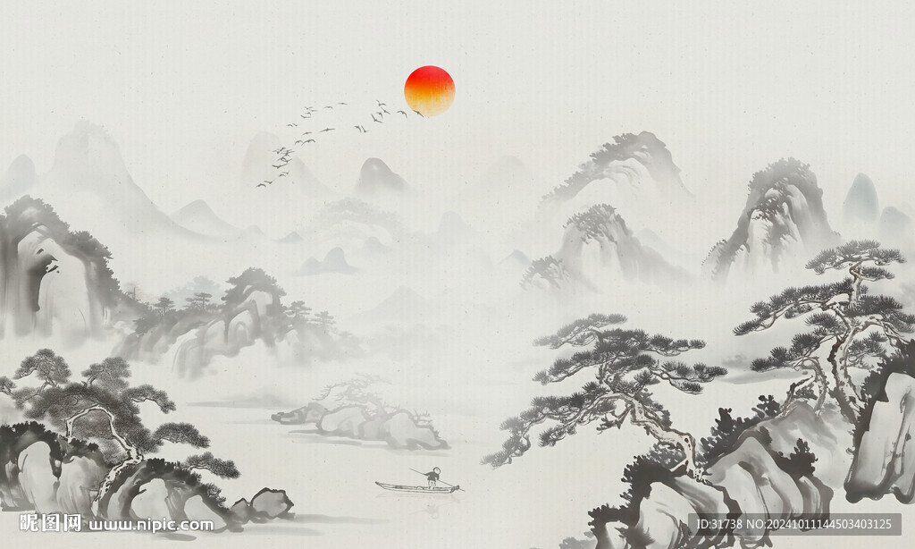 新中式迎客松背景墻