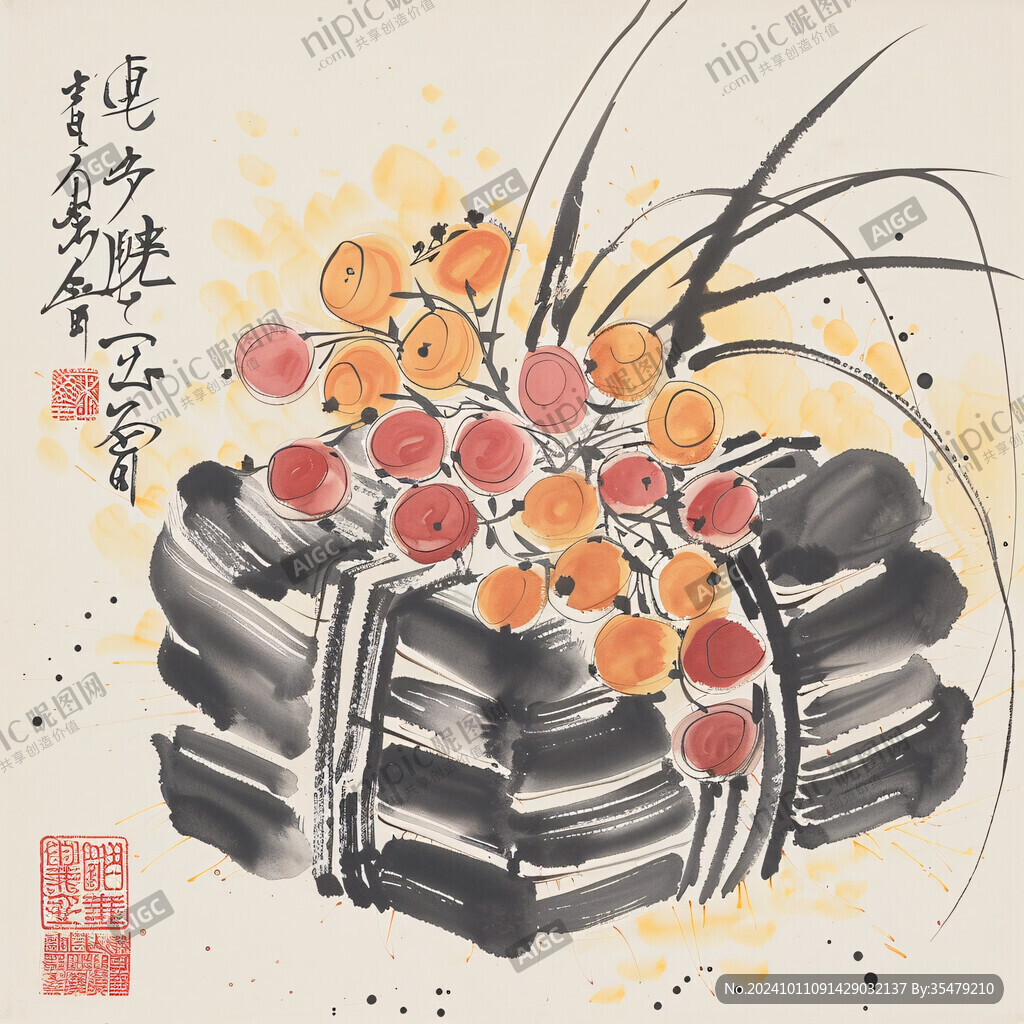 國畫白菜柿子