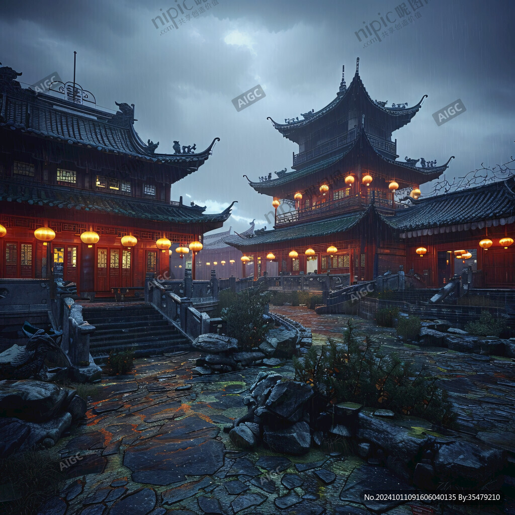 中式古代建筑雨景