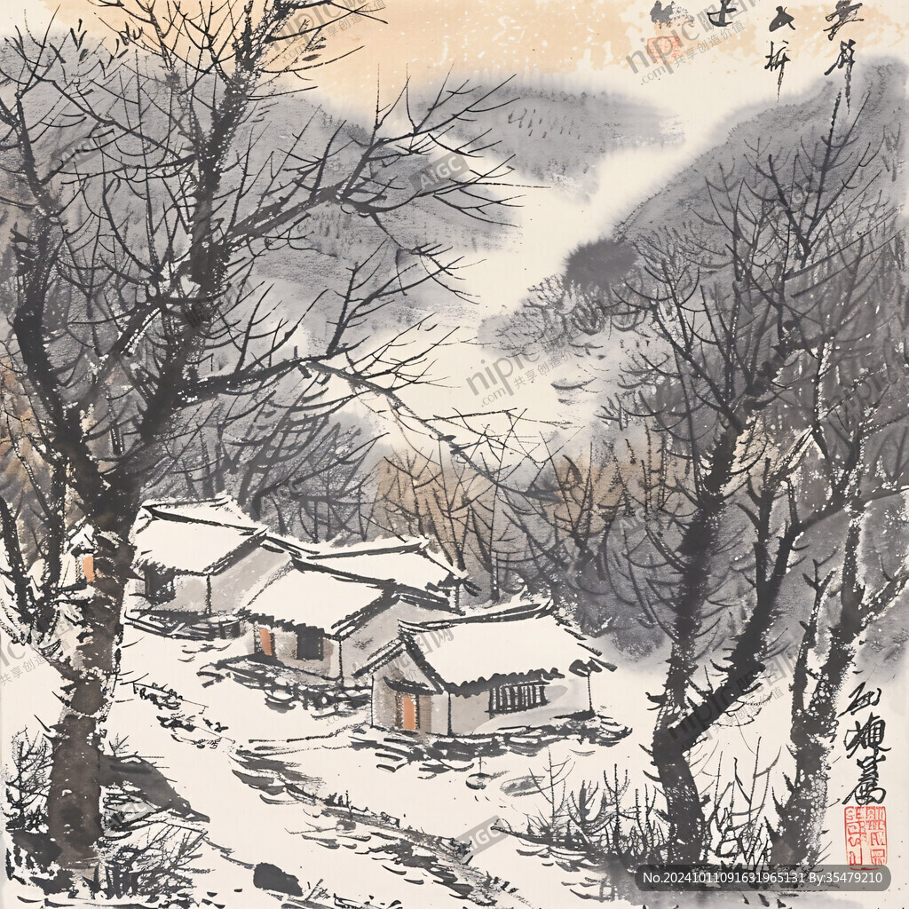 手繪山村雪景圖