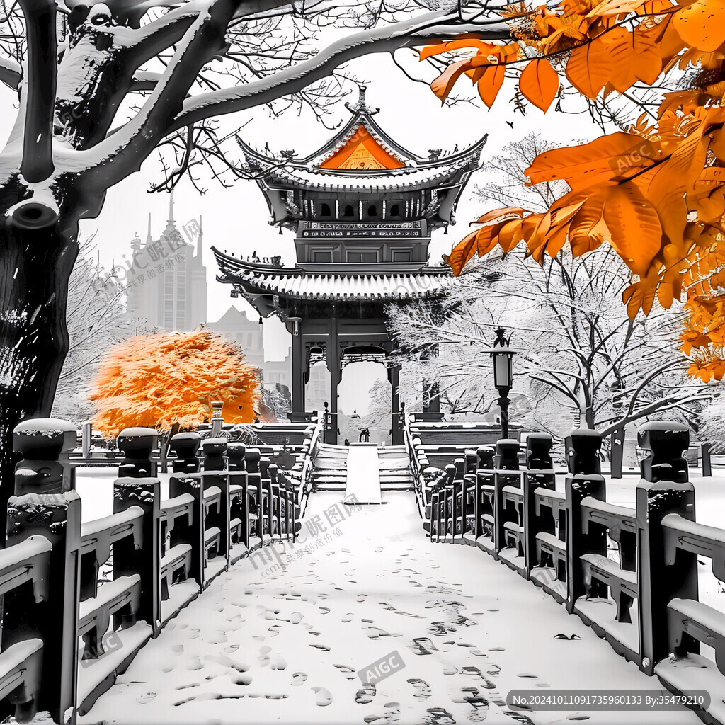 冬天雪景的愛晚亭