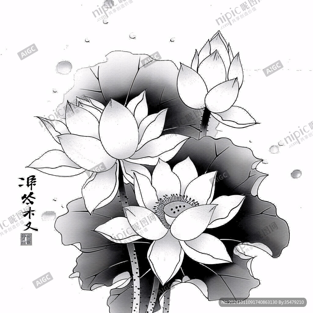荷花手繪黑白