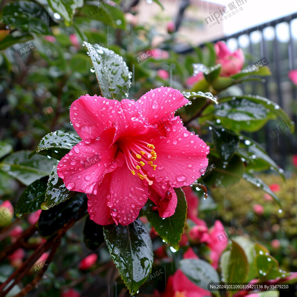雨中紅花綠葉