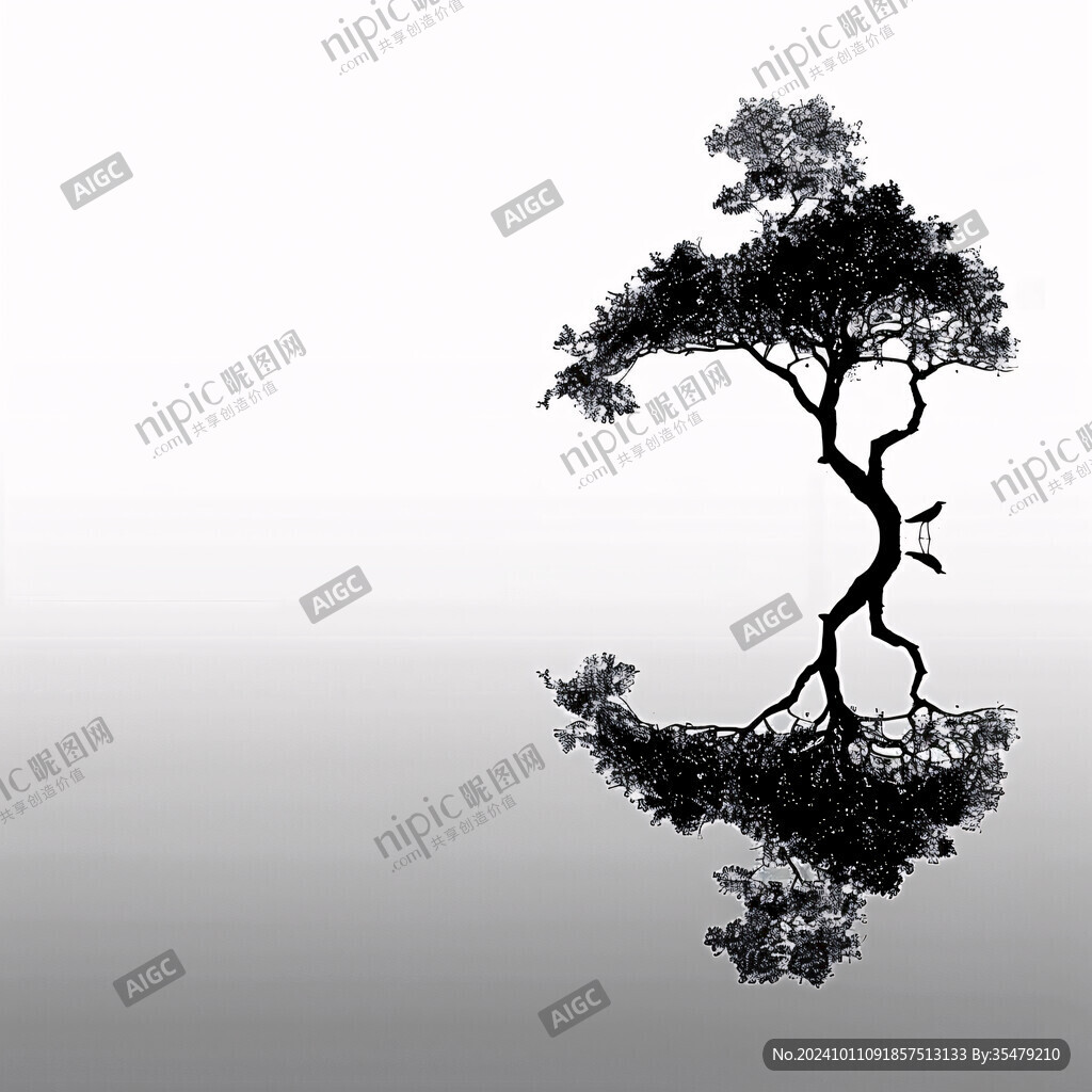 生動(dòng)水墨樹水墨石頭