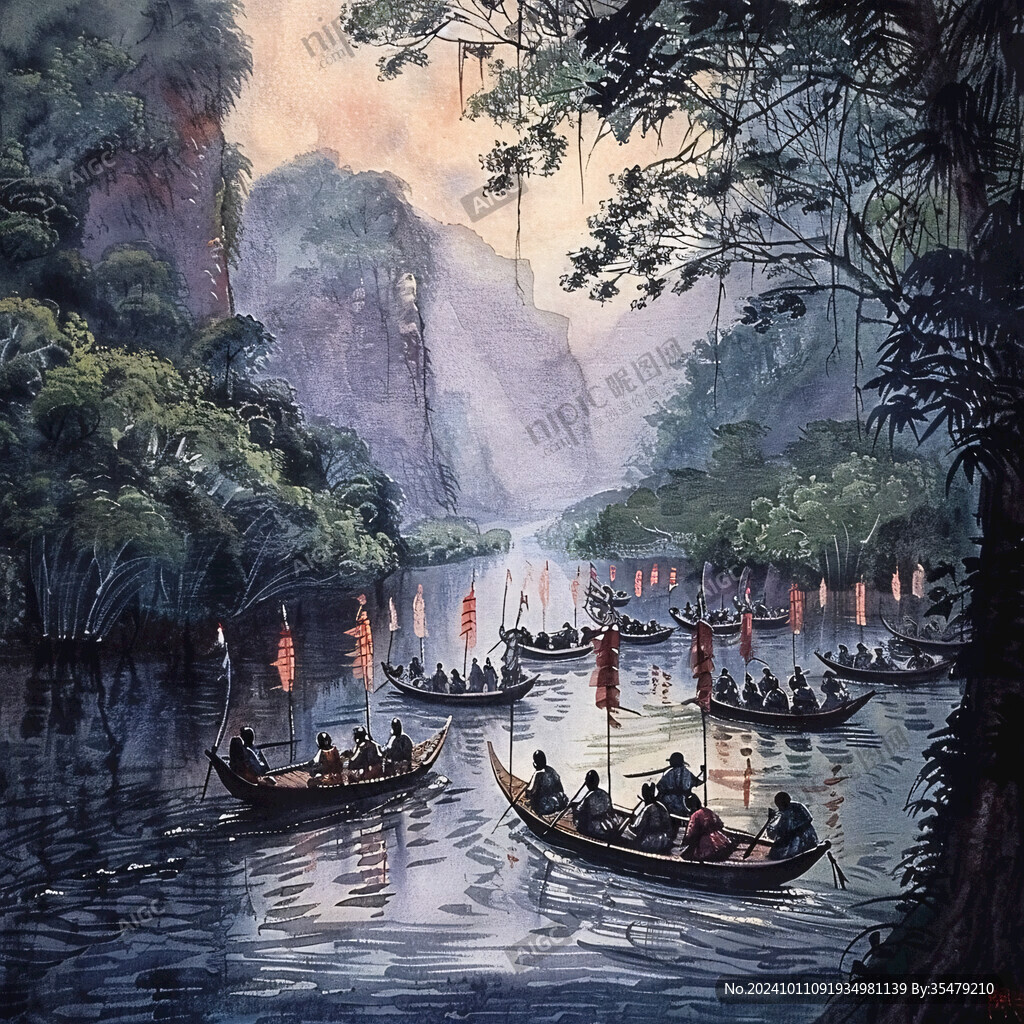 越南彩繪山水水墨畫