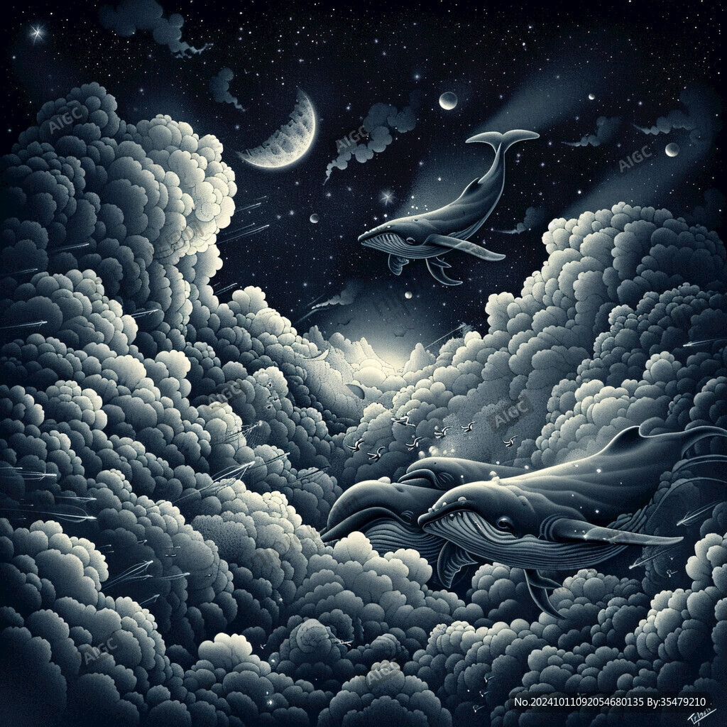 飛翔空中幻想鯨魚插畫