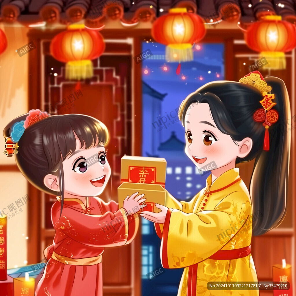 中國風娃娃拜年插畫