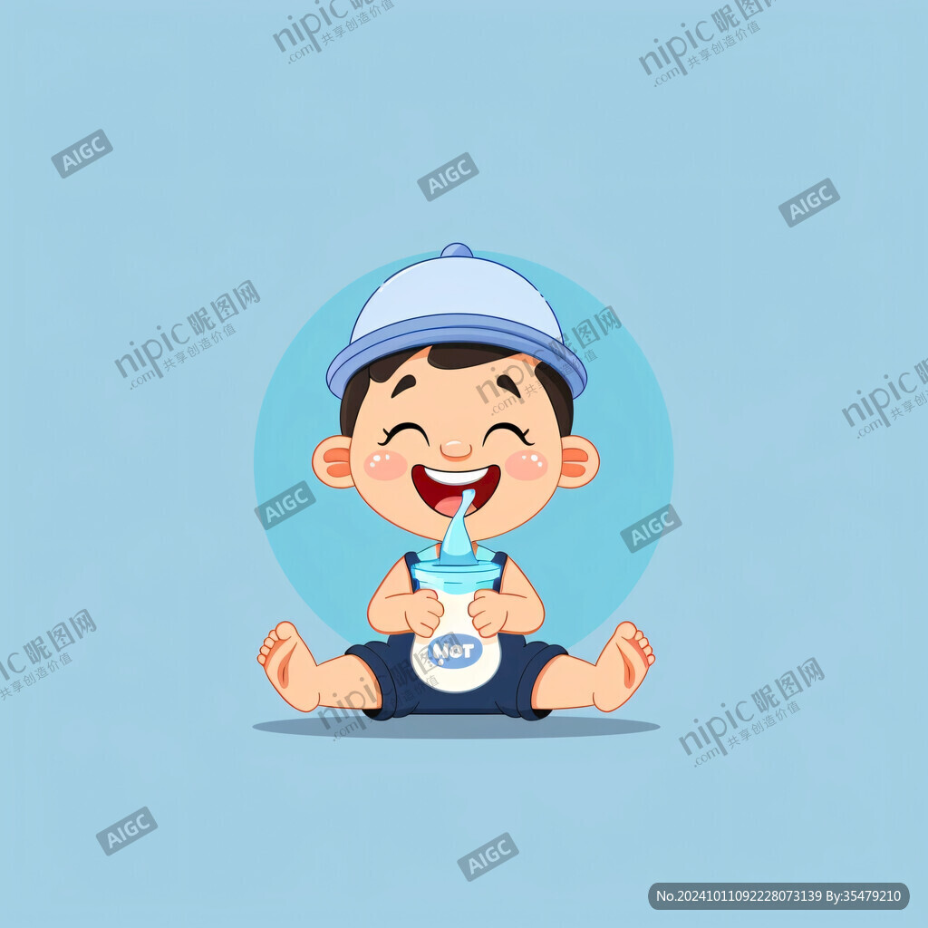 卡通可愛小男孩喝奶茶