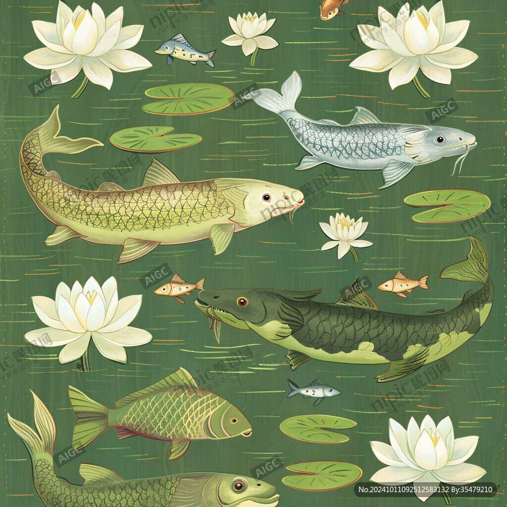 鯉魚荷花插畫