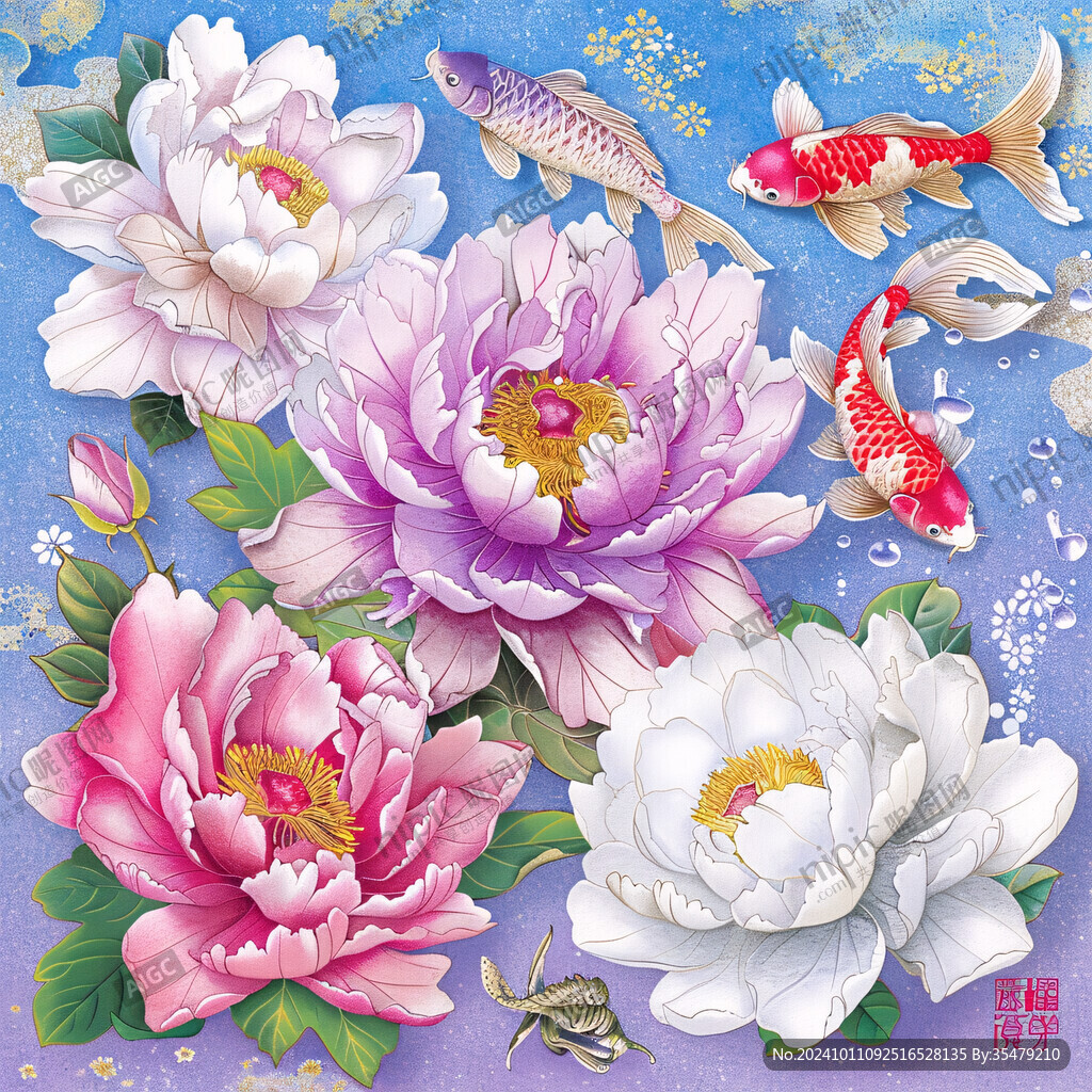 工筆鯉魚牡丹
