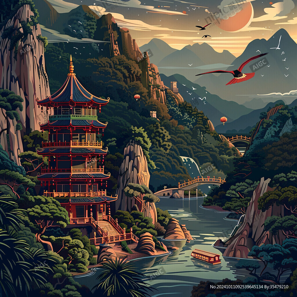 國潮建筑山水場景