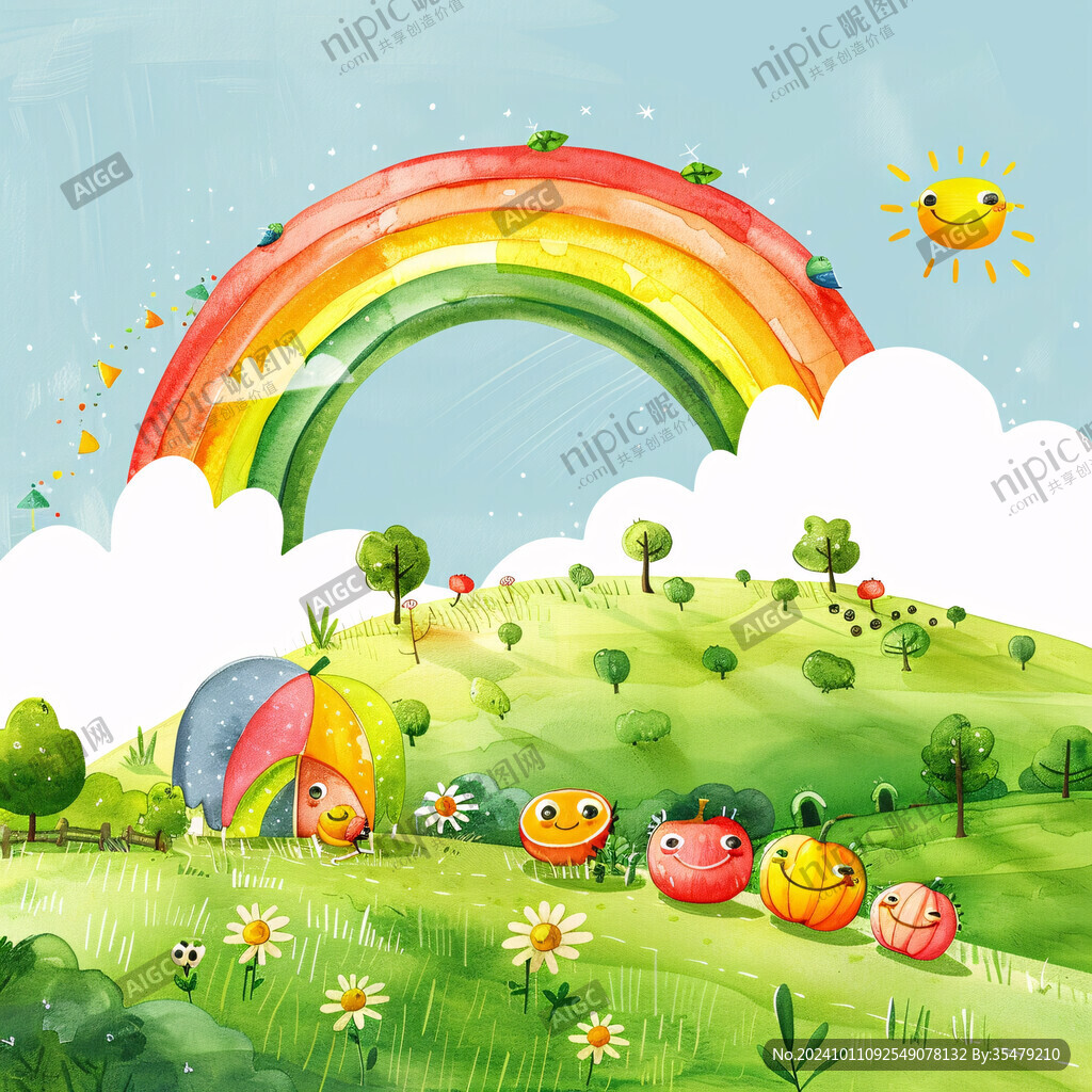 彩虹太陽云朵插畫