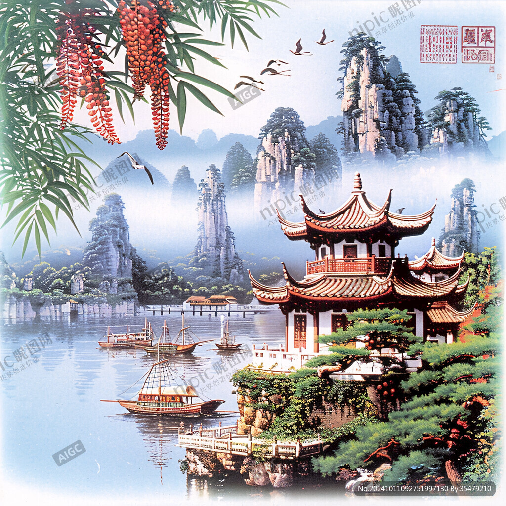 山水樓閣亭臺(tái)墻畫
