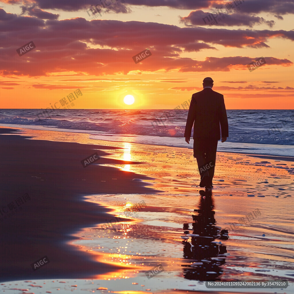 夕陽下大海邊男人剪影