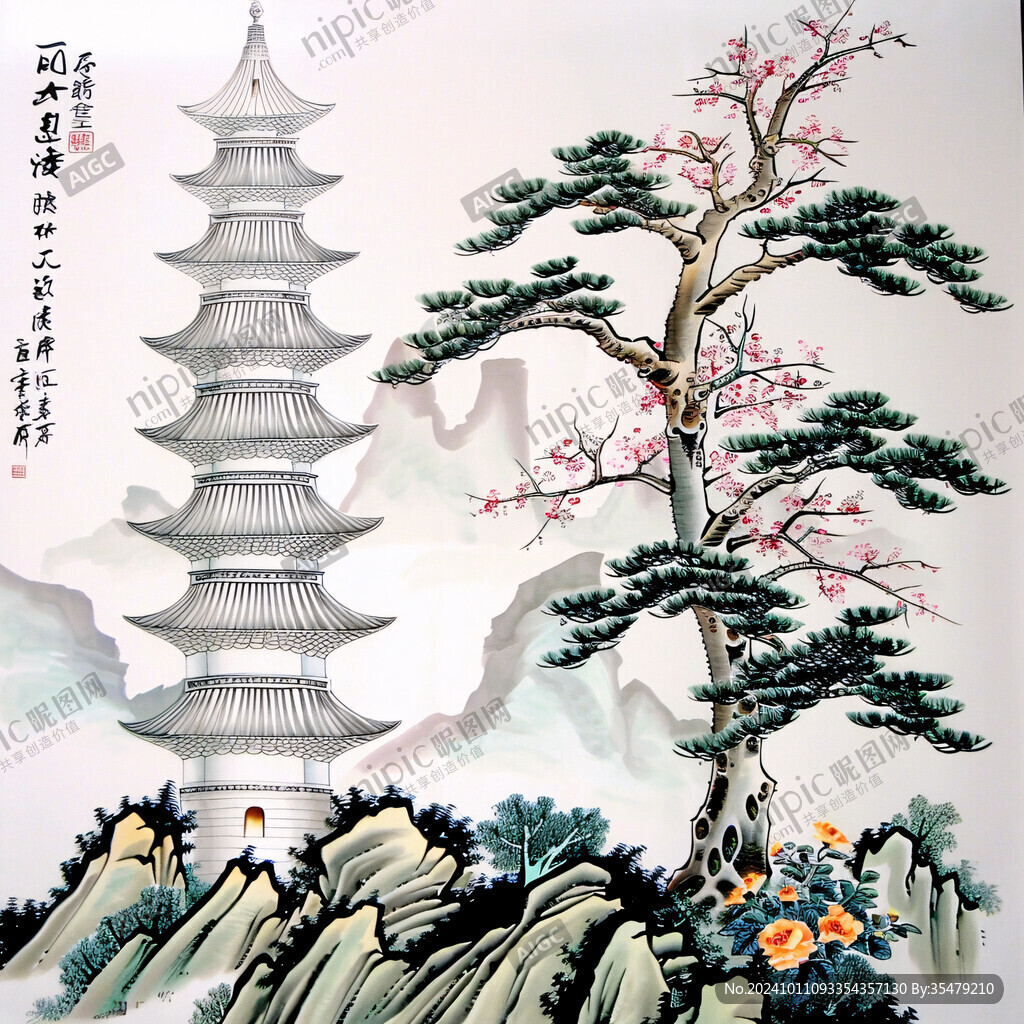 手繪工筆梅竹假山