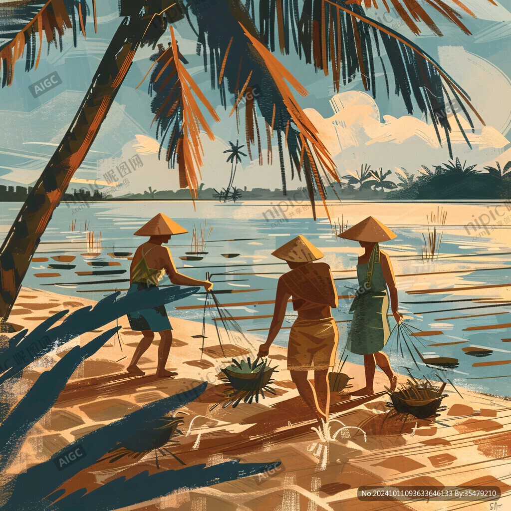 海邊漁民工作場景