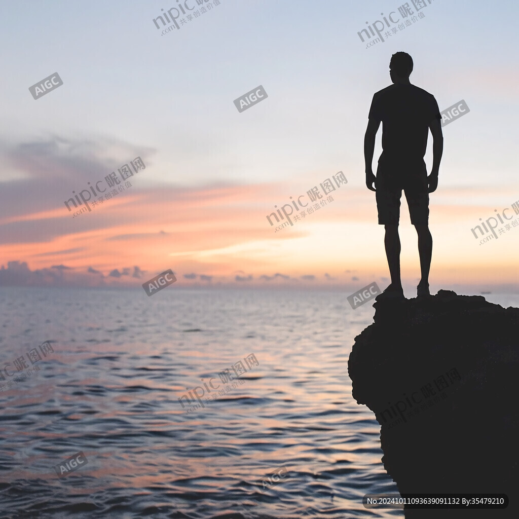 夕陽下大海邊男人剪影