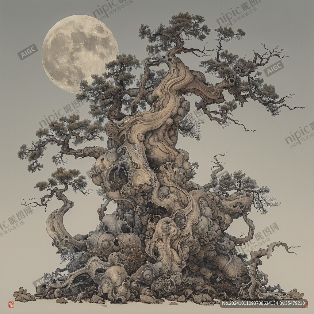 工筆畫古柏