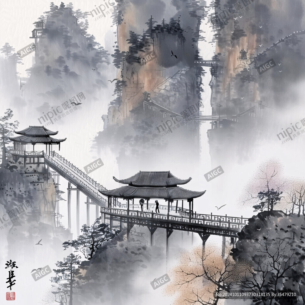 樓閣山水意境畫(huà)