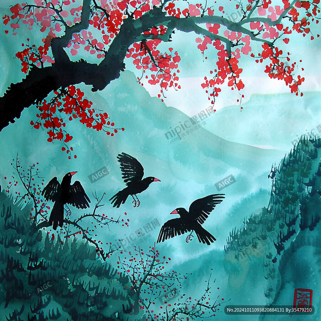 松石綠地桃紅春燕圖