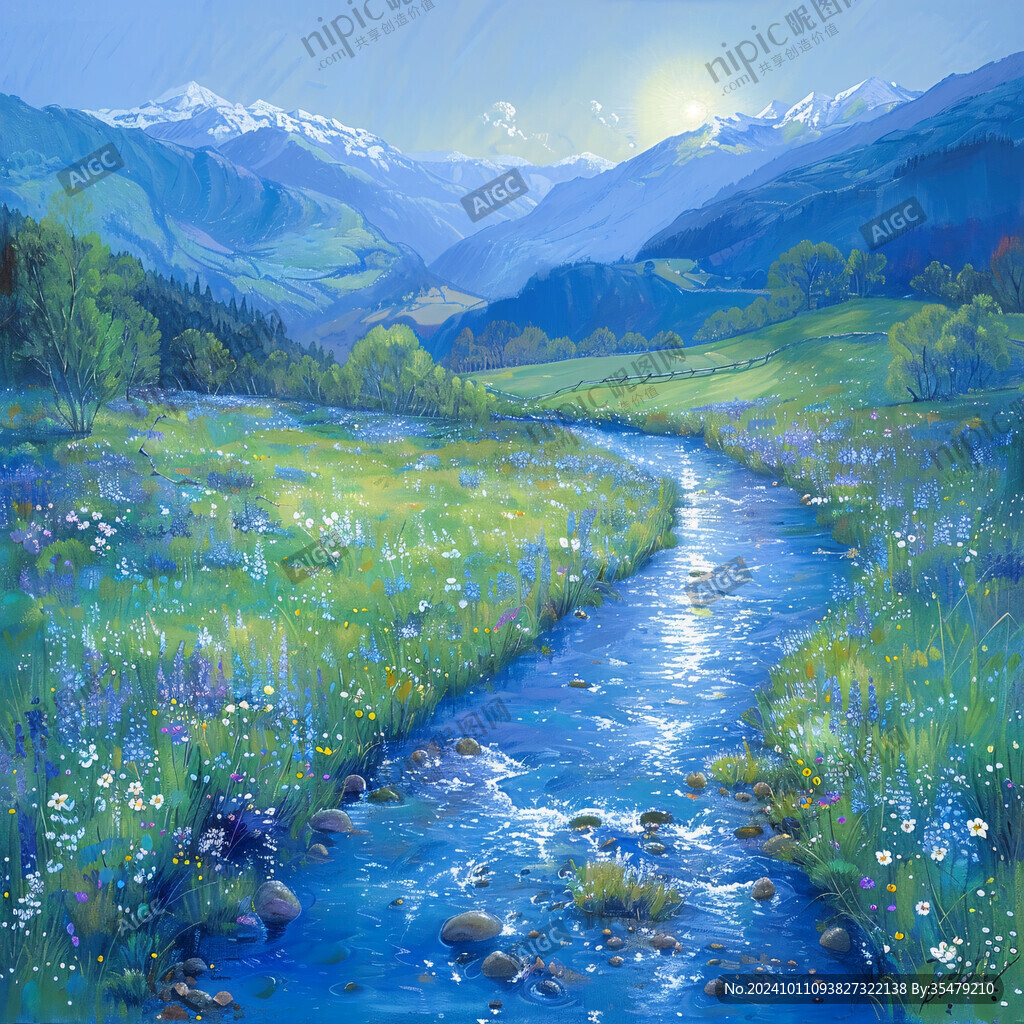 草地野花河流