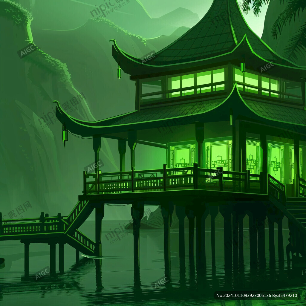 亭臺樓閣綠色背景