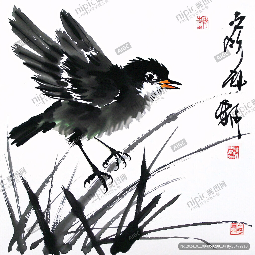 水墨絲瓜小鳥