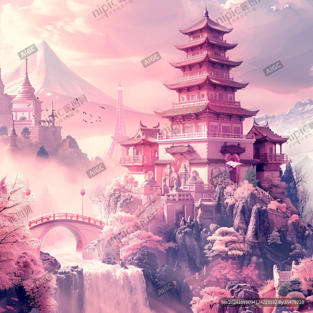 幻想粉紅宮殿插畫
