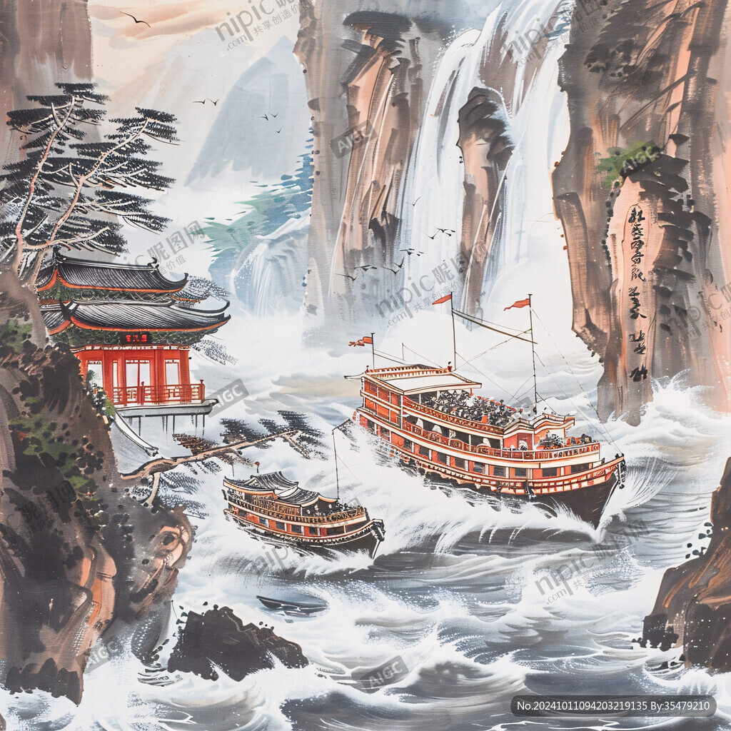 山水樓閣波光小船