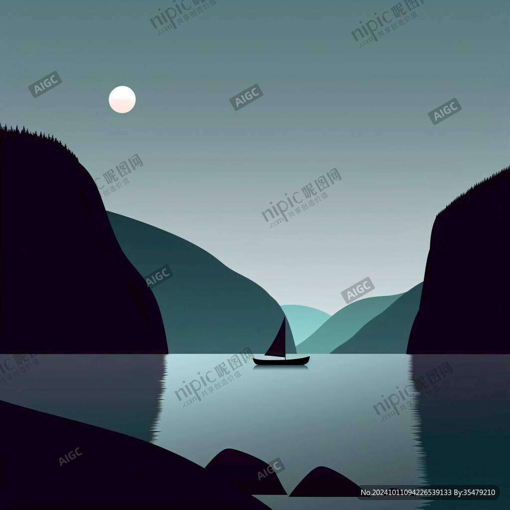 溪流小船白鶴落日山巒