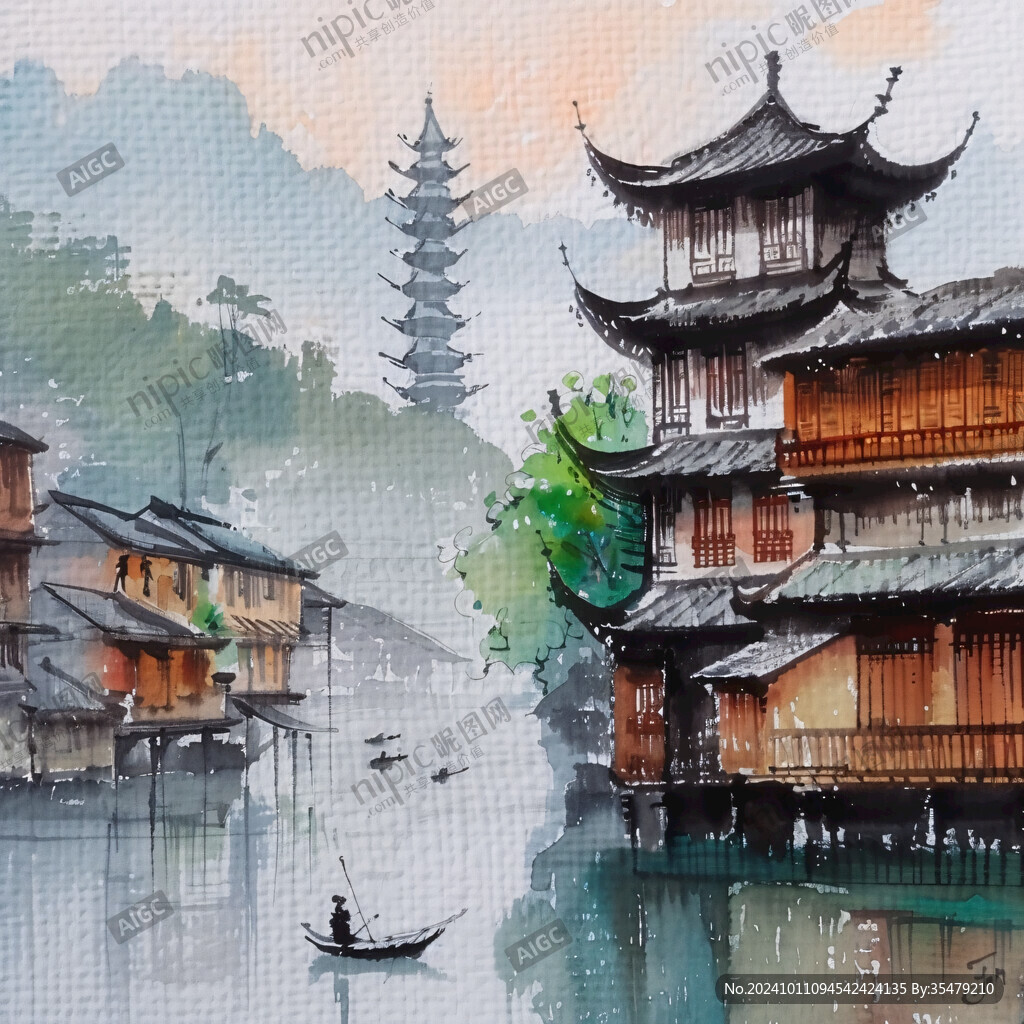 廣西插畫水彩水墨建筑