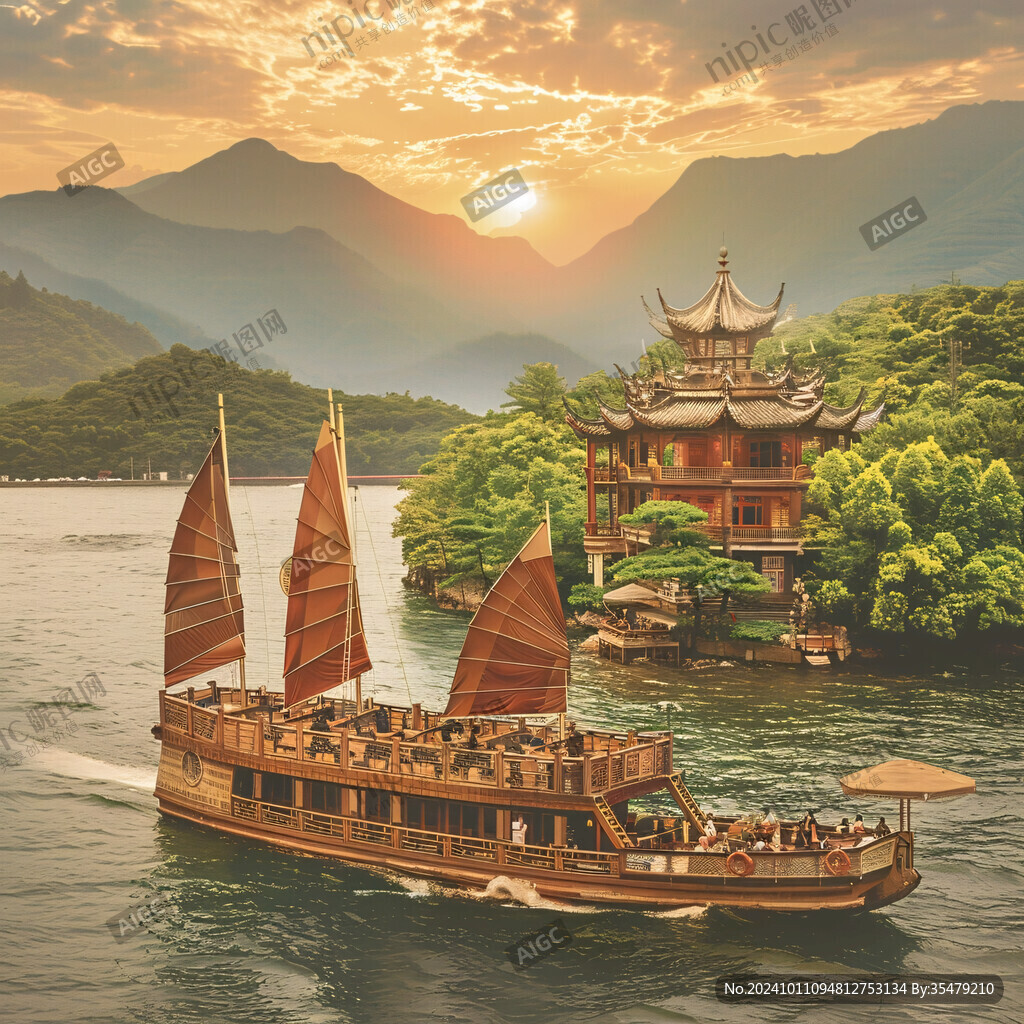 山水樓閣波光小船