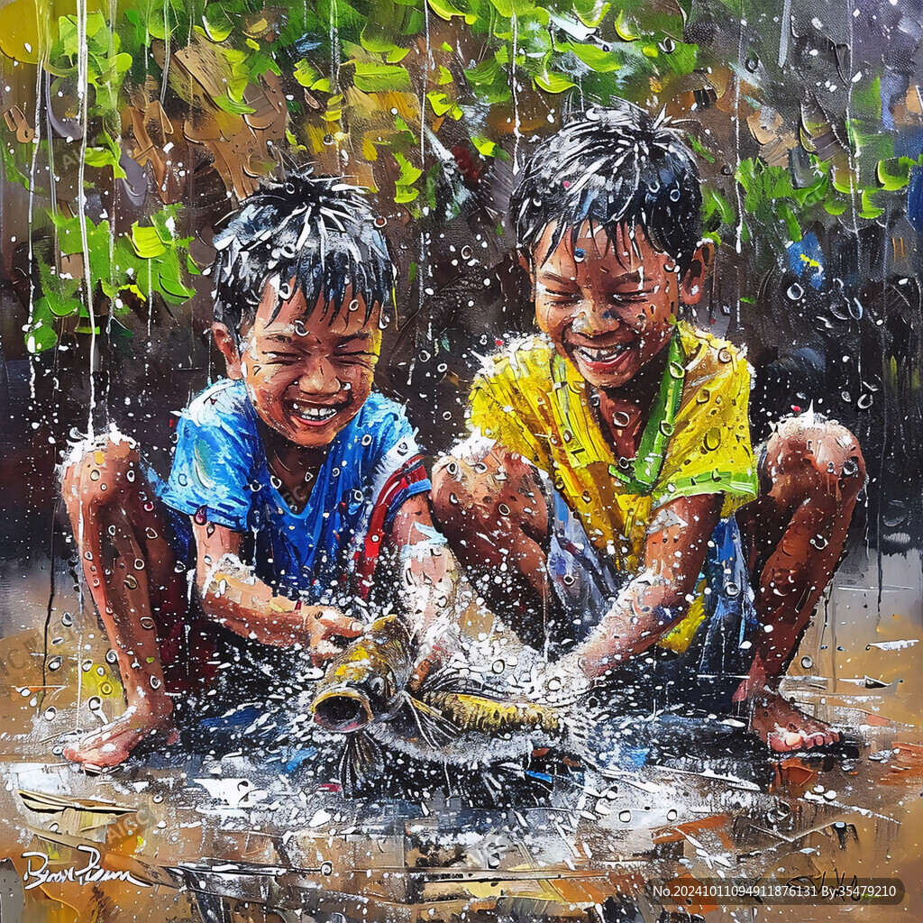 雨中玩耍的小孩