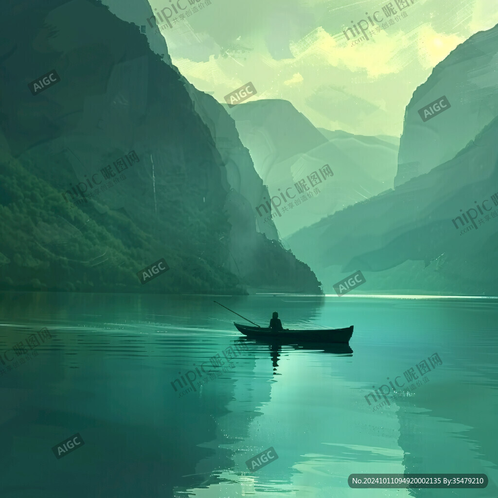 湖畔漁舟河流山峰環(huán)保