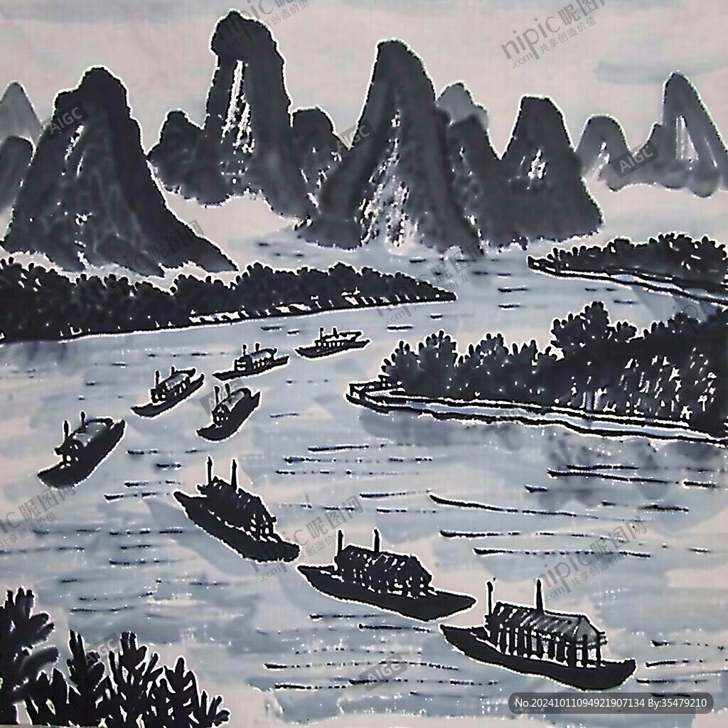 漓江泛舟國畫