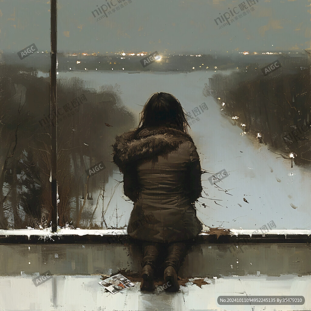 女孩看窗外雪景